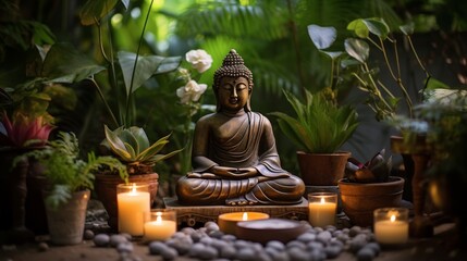 Buddha statue and many small candles in tropical jungle exterior. Neural network ai generated art