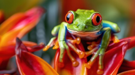 A green frog with red eyes is sitting on a red flower