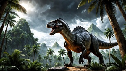 Fototapeta premium Depict a dinosaur in its natural habitat. The background should be a prehistoric forest with dense vegetation and a dramatic sky, full of details and textures. The dinosaur should look realistic