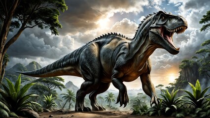 Depict a dinosaur in its natural habitat. The background should be a prehistoric forest with dense vegetation and a dramatic sky, full of details and textures. The dinosaur should look realistic