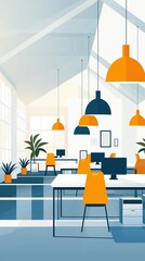 Minimalist office, bright and open layout, flat design illustration