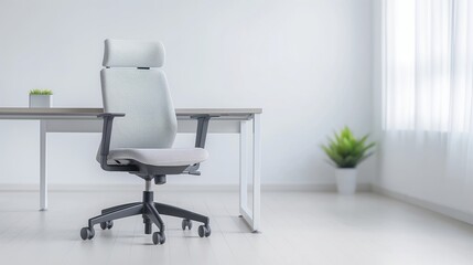 Minimalist office setup with ergonomic chair and sleek desk, clean and efficient workspace.