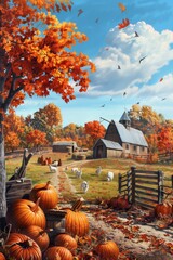 Autumn landscape featuring pumpkin harvest, rustic farm elements, colorful fall foliage, and a bright blue sky