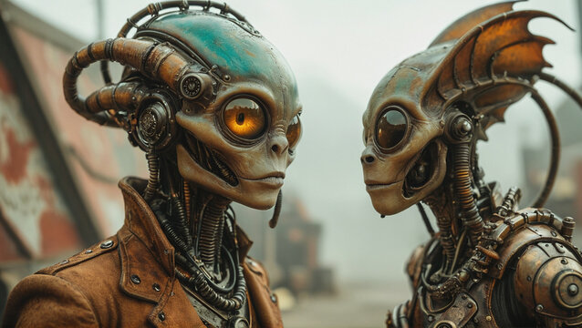 portrait closeup of a steampunk aliens with bronze armour, generative AI