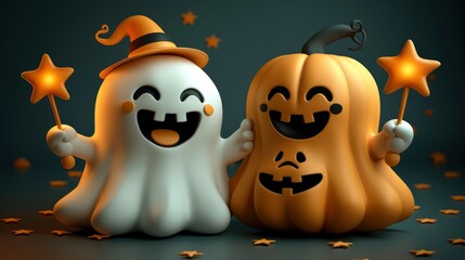 Obraz premium Happy Halloween Ghost and Pumpkin Friends