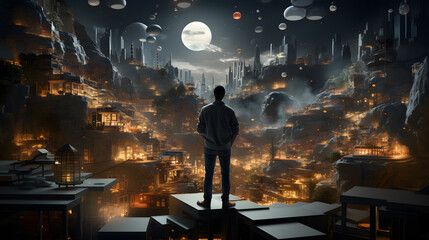 abstract concept of adventurour, an individual exploration through the furturistic world, cyber cityscape, 3d illustration