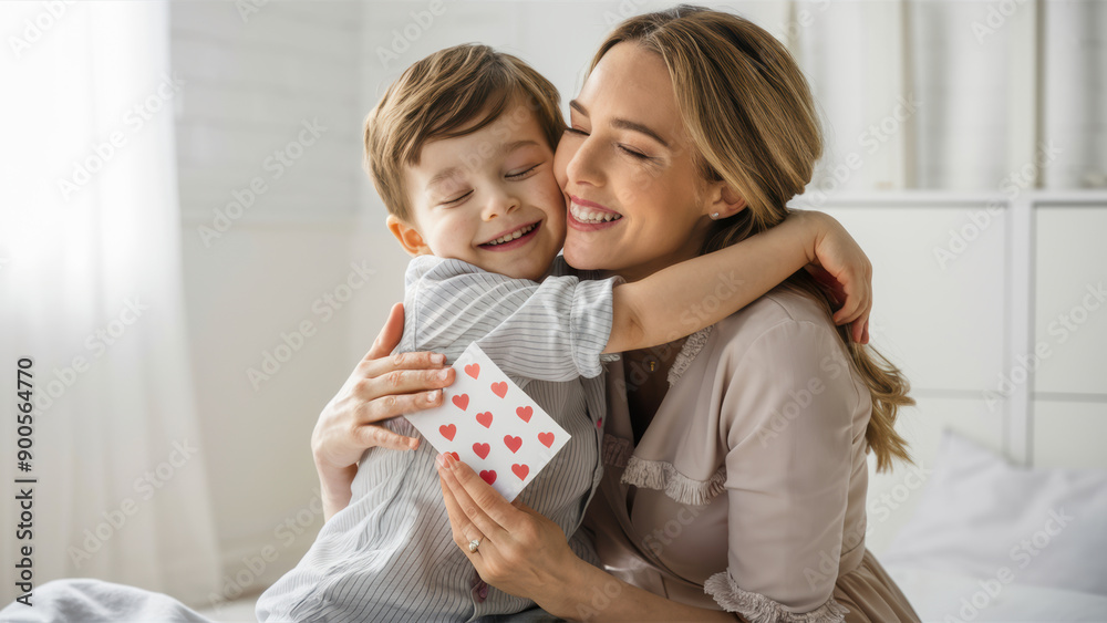 Sticker A woman and a boy hugging each other with hearts on the card, AI