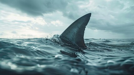 Naklejka premium Closeup View Of A Shark Fin Emerging From Ocean Water Under Dramatic Sky