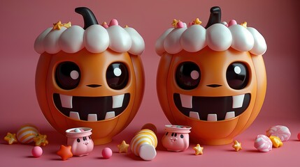 Obraz premium Cute Cartoon Pumpkins with Whipped Cream and Candy