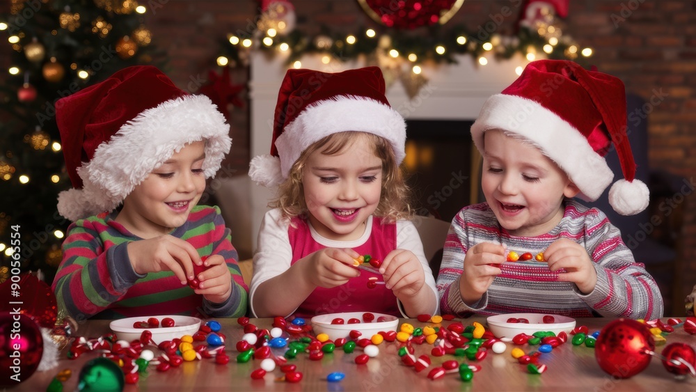 Wall mural Three children in santa hats eating candy at a table, AI