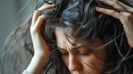 Obraz premium woman very sad and upset looking at damaged hair, hair loss, hair thinning problem, vitamin deficiency, baldness, postpartum, biotin, zinc, menstrual or endocrine disorders, hormonal imbalance