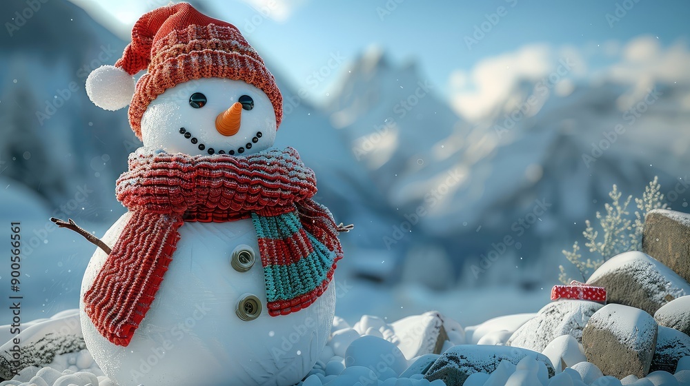 Wall mural a cheerful snowman with a red hat and scarf in a snowy mountain landscape, capturing the essence of 