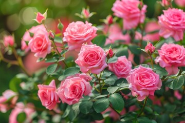 Obraz premium A bouquet of pink roses surrounded by lush green leaves, perfect for decorative or editorial use