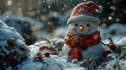 Charming snowman with red hat and scarf in snowy landscape, festive winter holiday scene perfect for Christmas seasonal themes.