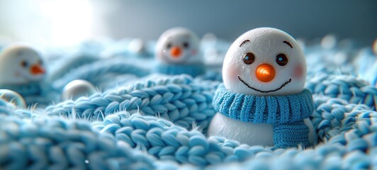 Obraz premium Cute snowman with a blue scarf sitting in a cozy knitted blanket creating a winter wonderland atmosphere.
