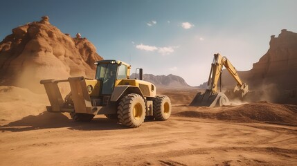 Construction Machinery Working in a Desert Landscape