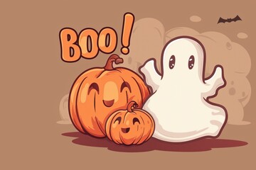 Cute ghost with halloween pumpkin on color background with BOO! text