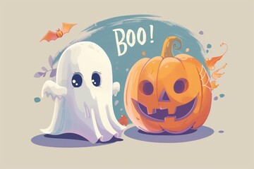 Cute ghost with halloween pumpkin on color background with BOO! text