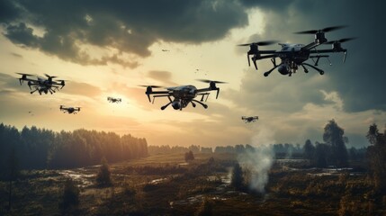 Group of surveillance or attack drones in front with sunset sky scene background. Neural network ai generated art