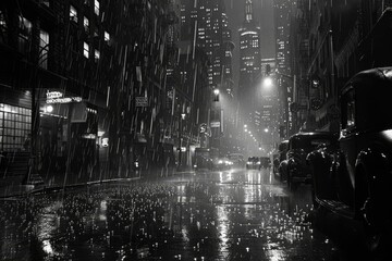 Noir movie, night city street under the rain. Generative AI