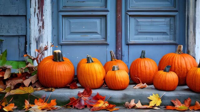A cozy scene of pumpkins arranged on a porch with autumn leaves, symbolizing the fall season.