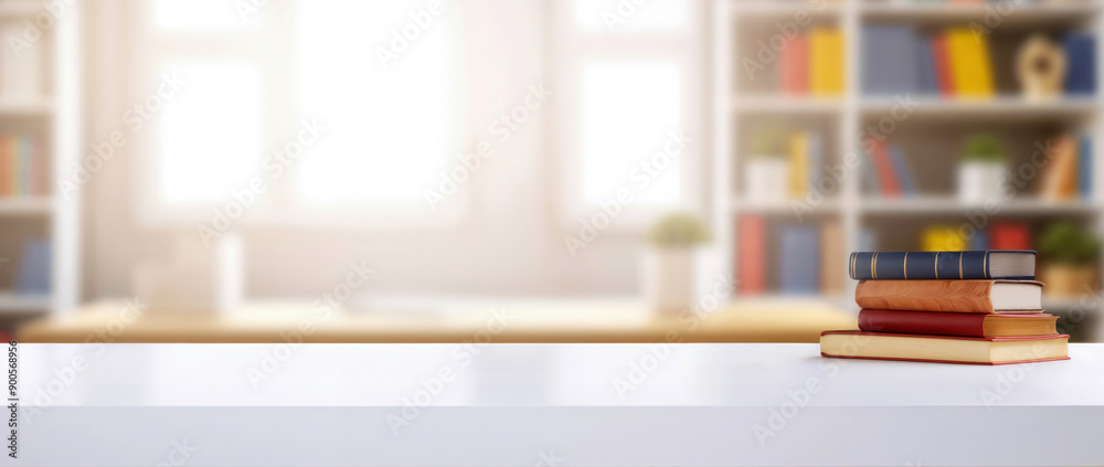 Poster Stack of books on a white table in a blurred window and bookshelf background