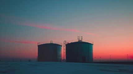 Obraz premium Two large tanks are sitting on a snowy hillside