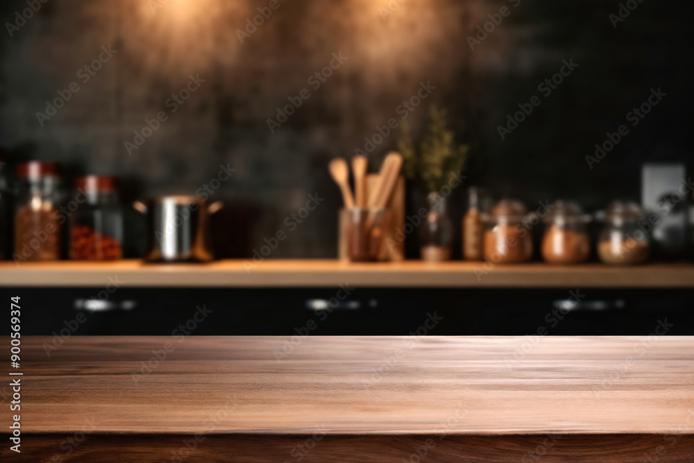 Poster rustic wooden tabletop perfect for displaying food and drink products with a blurred background kitc