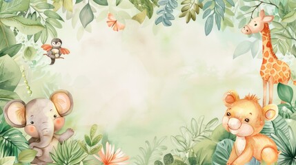 Fototapeta premium Soft watercolor frame featuring adorable animals among lush plants, offering a whimsical backdrop for text