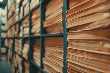 A close-up view of organized file folders on shelves in an office, depicting document storage and archival systems.