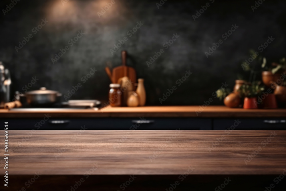 Aufkleber empty wooden tabletop in front of blurred kitchen background for displaying products