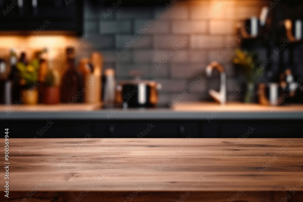 Poster empty wooden tabletop with blurred kitchen background for product display