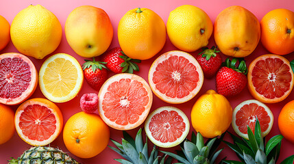 Vibrant Collection of Assorted Tropical Fruits on a Bold Background