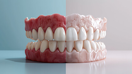 Obraz premium A close up of two sets of teeth, one with a red filling