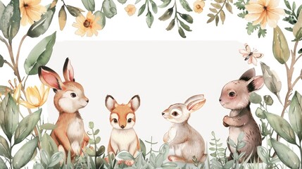 Naklejka premium Soft watercolor frame featuring adorable animals among lush plants, perfect for highlighting your text.
