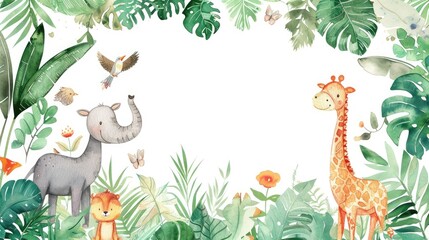 Soft watercolor frame featuring adorable animals and vibrant plants, providing room for text.