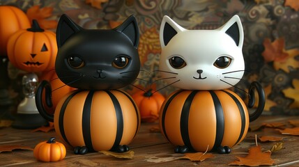 Obraz premium Cute Black and White Cats Sitting on Pumpkins for Halloween