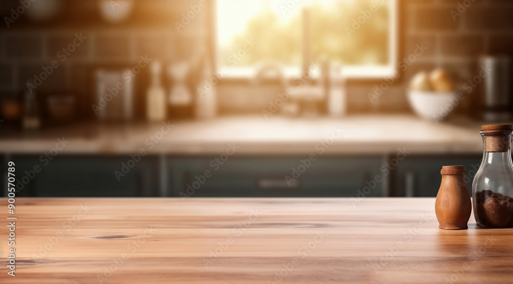 Poster empty wooden tabletop with spices in a blurred kitchen with sun shining through the window