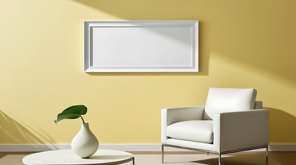 A bright, pastel yellow wall serves as a backdrop for a sleek. A blank frame on the wall above the armchair.
