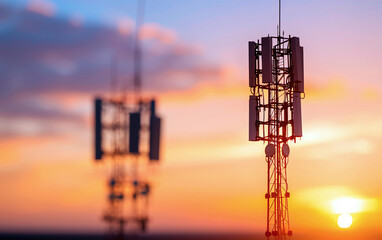 Stunning sunset view featuring telecommunications towers against a colorful sky, showcasing modern technology and nature.