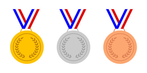 Olympic medals illustration. Medal with France ribbon blue and red. Gold silver bronze champion and winner awards