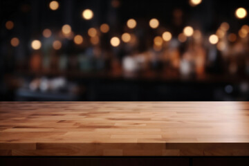 Empty wooden tabletop with blurred restaurant background, ideal for product placement