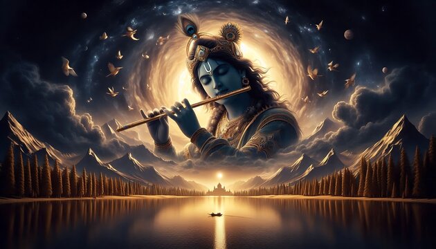 Lord Krishna Portrait against a dark sky