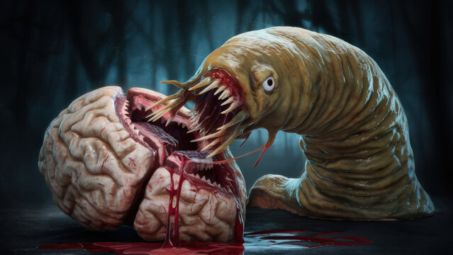 A giant worm is eating a human brain in the woods, AI