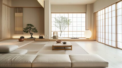 3D Interior Design of Living Room with Japanese Theme Concept