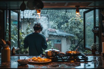 A person stands in a cozy kitchen, cooking while looking out at the rain through open windows, creating a warm, serene atmosphere.