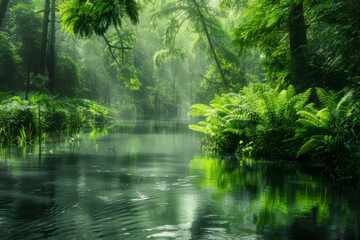 Obraz premium Tranquil River Scene in Lush Rainforest