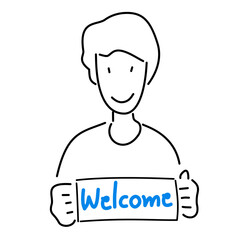 Man holding a banner with a welcome word. Invite, holiday, greeting concept. Flat line vector illustration