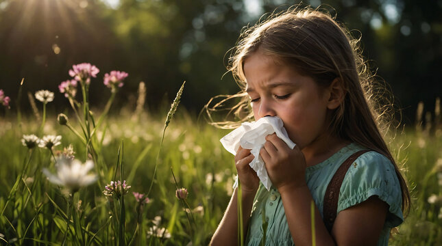Pollen allergy and allergic reaction. Girl child on spring meadow is sneezing into tissue because of allergy to pollens or infection