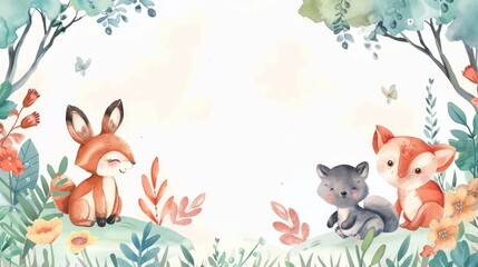 Soft watercolor frame with cute plants and animals, providing a lovely background for text